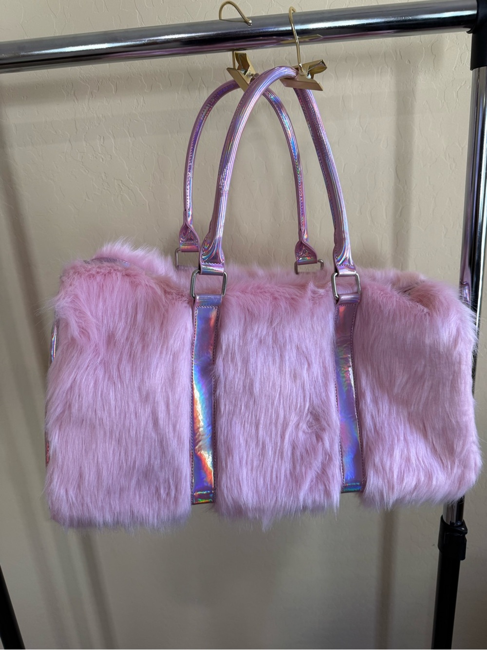 Dolls Kill Pink Faux Fur Duffle with Iridescent Handles